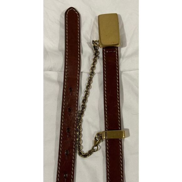 Vintage DKNY Brown Leather Skinny Belt With Brass Chain Detail Size Small Italy main image 5